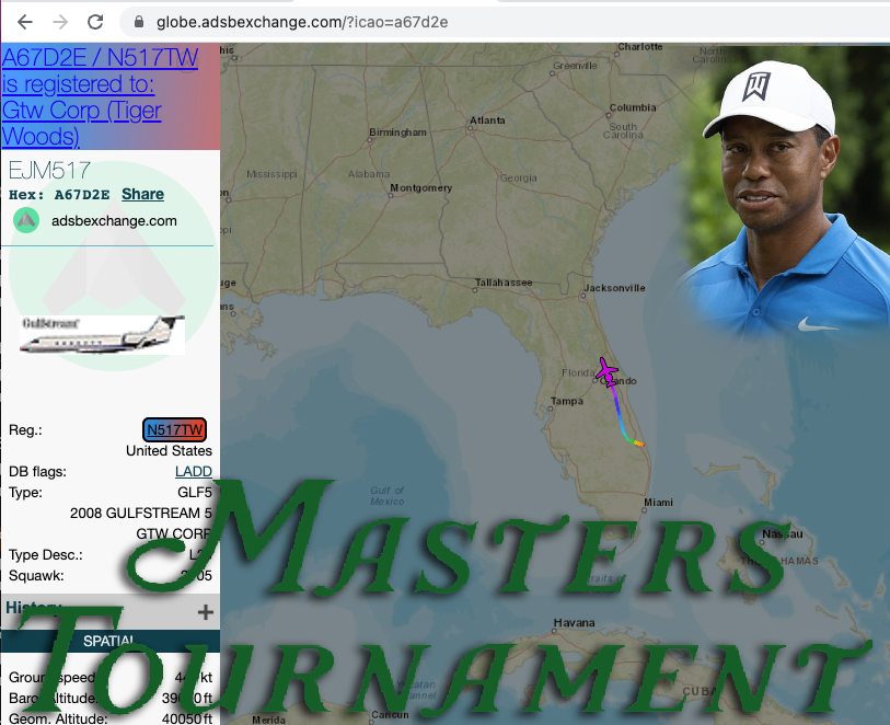 Breaking: Tiger Woods Airborne Northbound from Florida